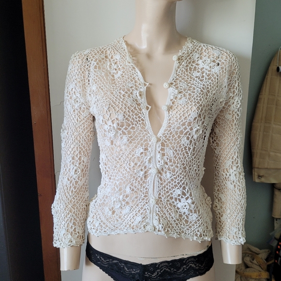 Vintage 60s Elegant Lace Crochet Cardigan Off-white Small - Picture 10 of 13